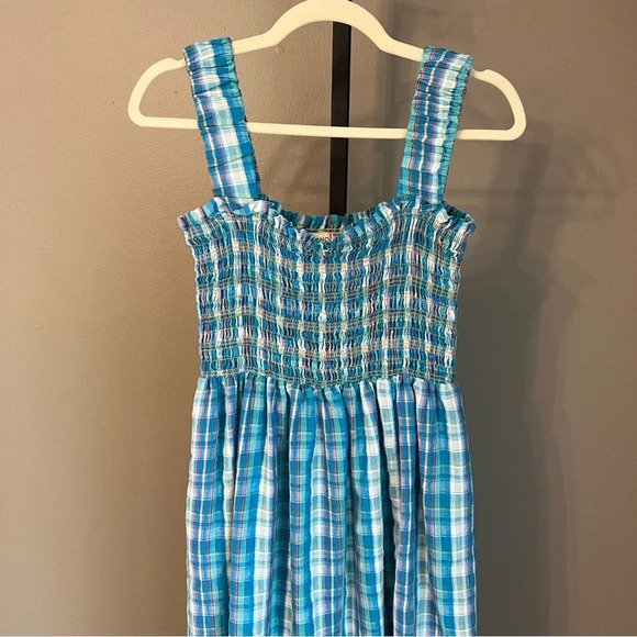 Nicholas Smocked Apron Plaid Midi Dress Turquoise Blue 2 Summer Boho Coastal - Picture 3 of 7